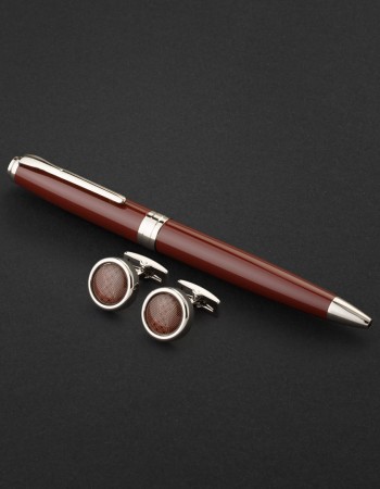 طقم قلم وكبك فضي بني ماركة قريفون 4125NS